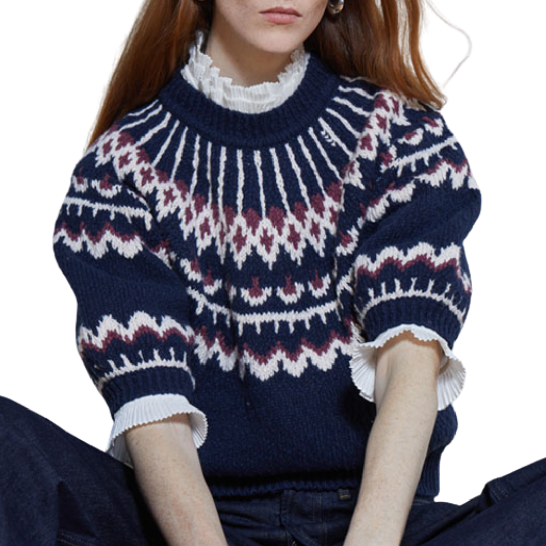 Puff Sleeve Fair Isle Crew in Navy/Wine Combo