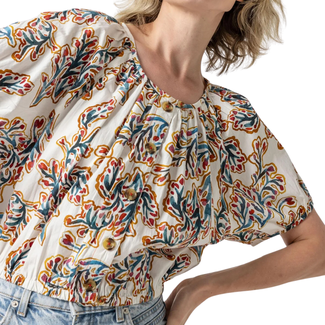Elastic Hem Button Front Top in Spring Watercolor