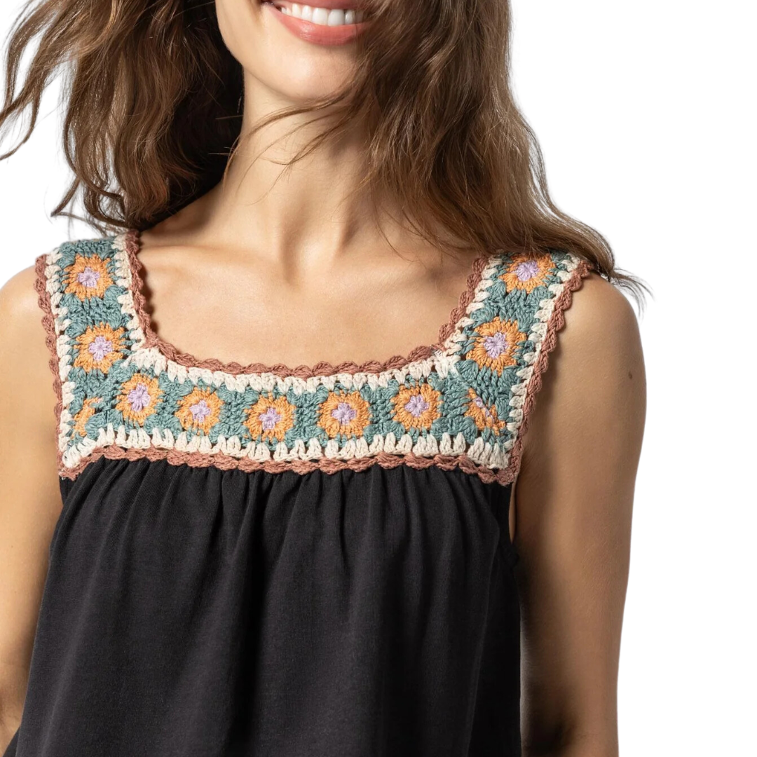 Crochet Trim Tank in Black Multi