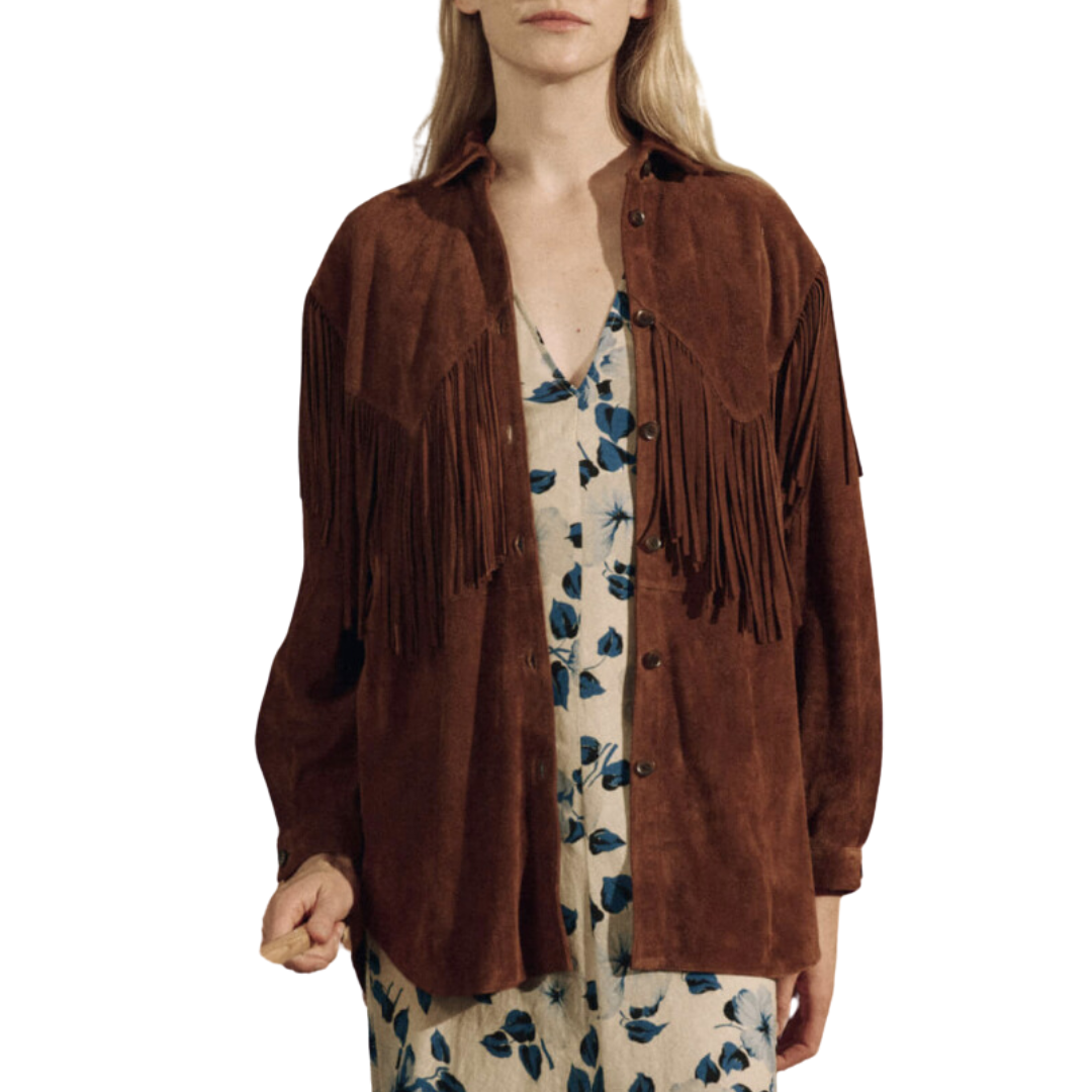 The Suede Fringe Shirt Jacket in Cognac