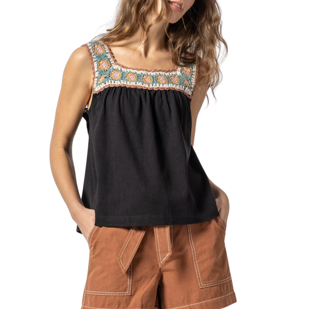 Crochet Trim Tank in Black Multi