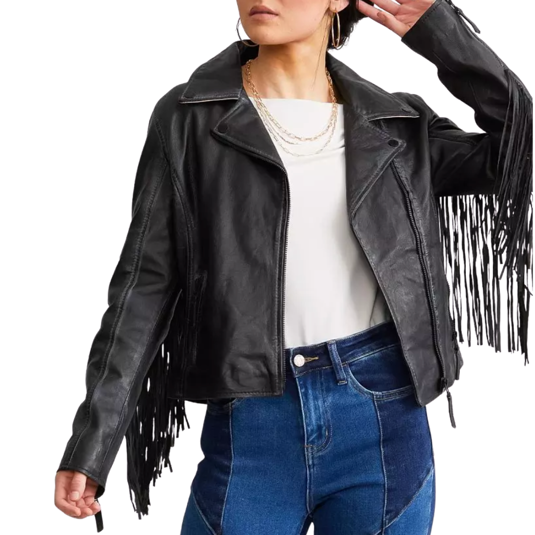 Crissy Star and Fringe Detail Leather Jacket in Black