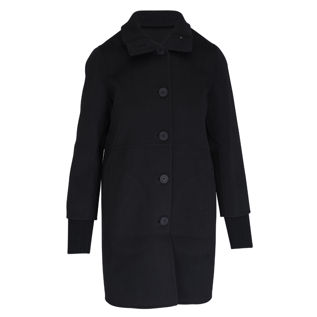 Button Front Knit Trim Coat in Black