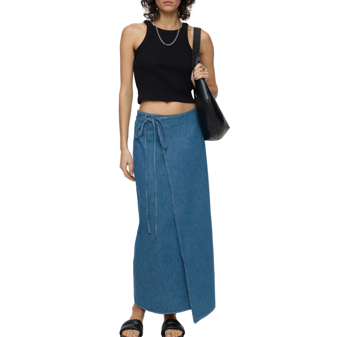 Denim Wrap Skirt in Mid Blue