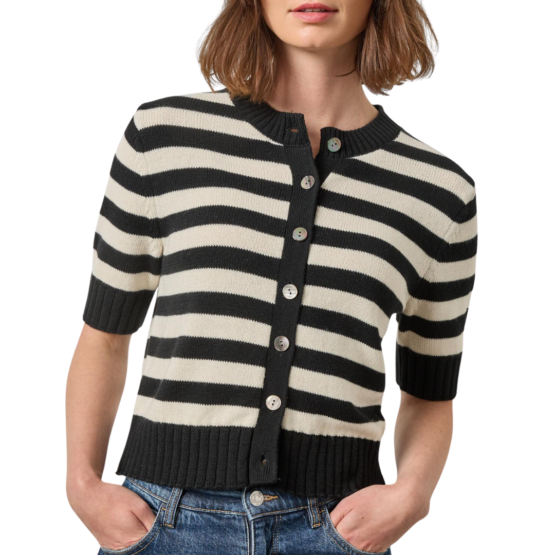 Elbow Sleeve Button Cardigan in Jet Black Stripe