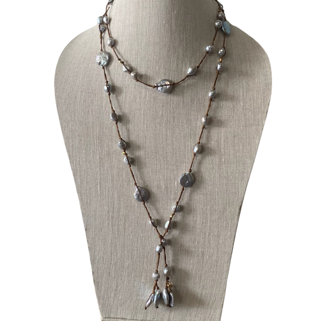 Elsa Silk Lariat in Grey Pearl
