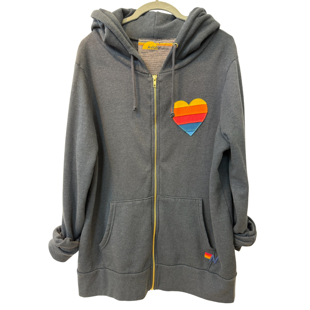 Rainbow Heart Stitch Zip Hoodie W/ Pockets in Charcoal