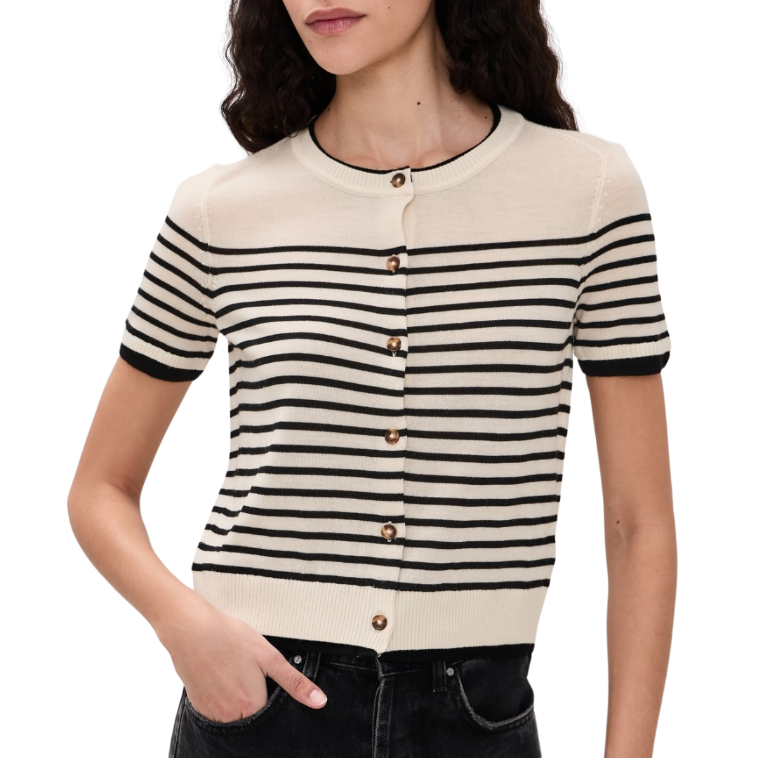 Anne Short Sleeve Stripe Cardigan in Ivory