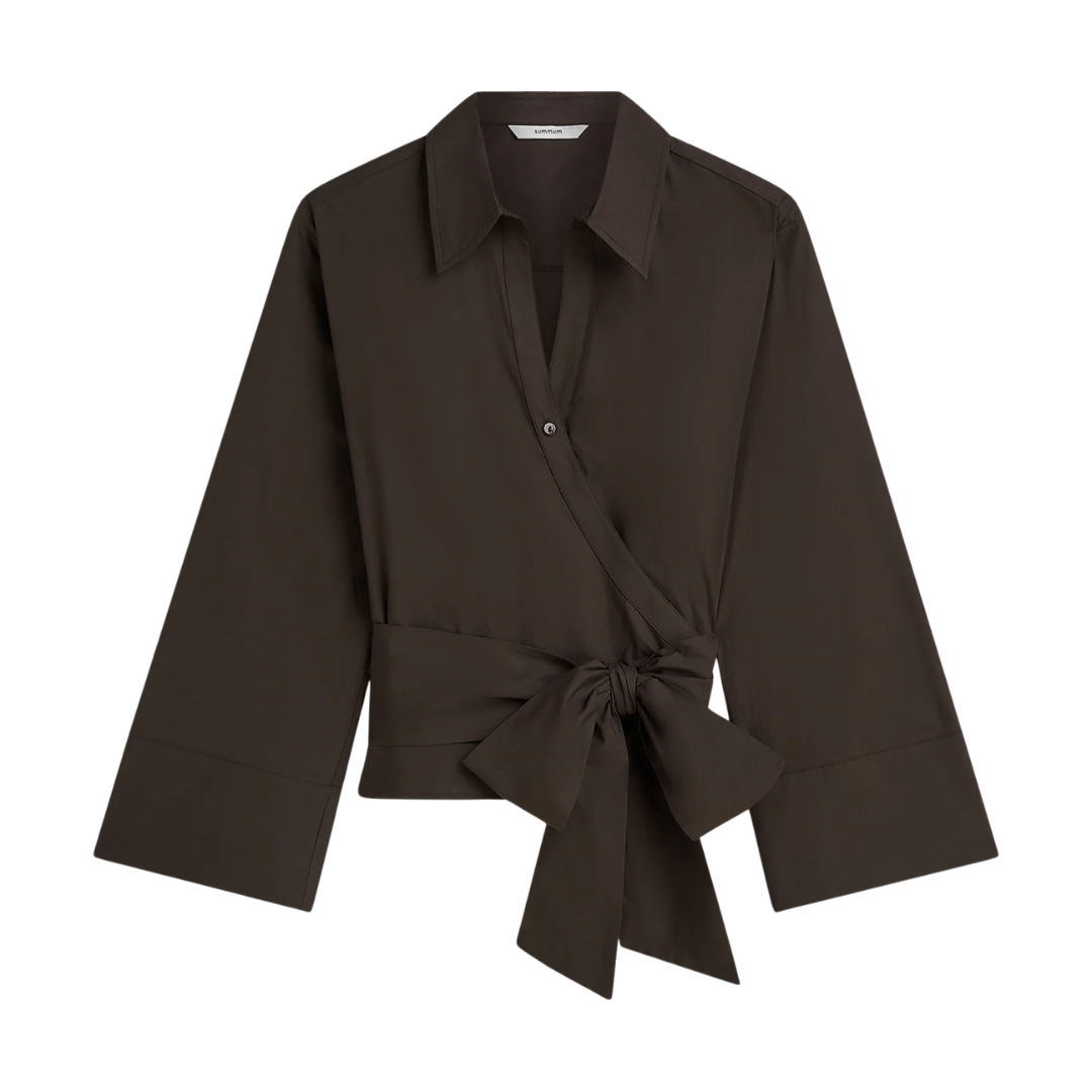 Wrap Blouse Crispy Poplin in Dark Chocolate