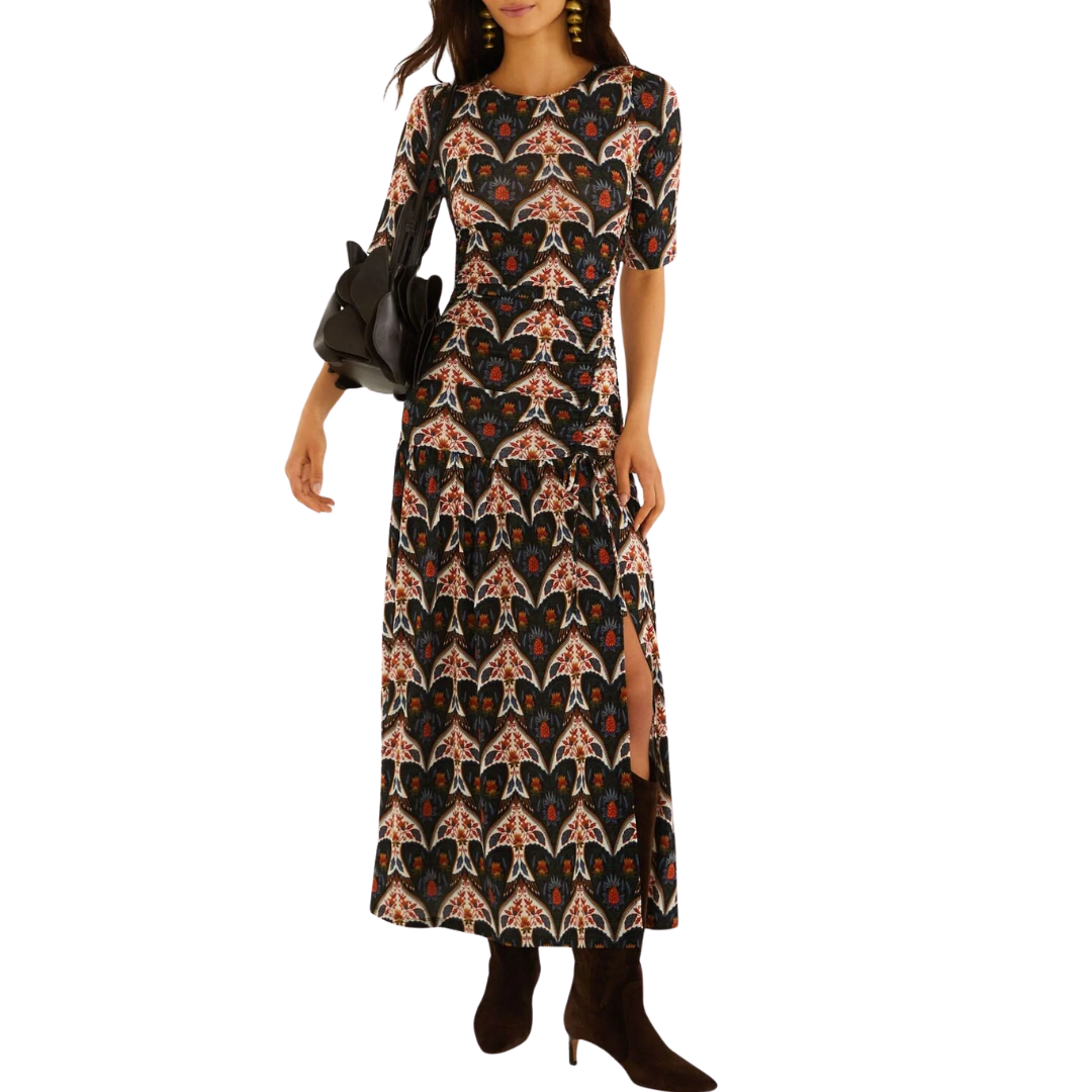 Porcelain Birds Long Sleeve Slim Maxi Dress in Black