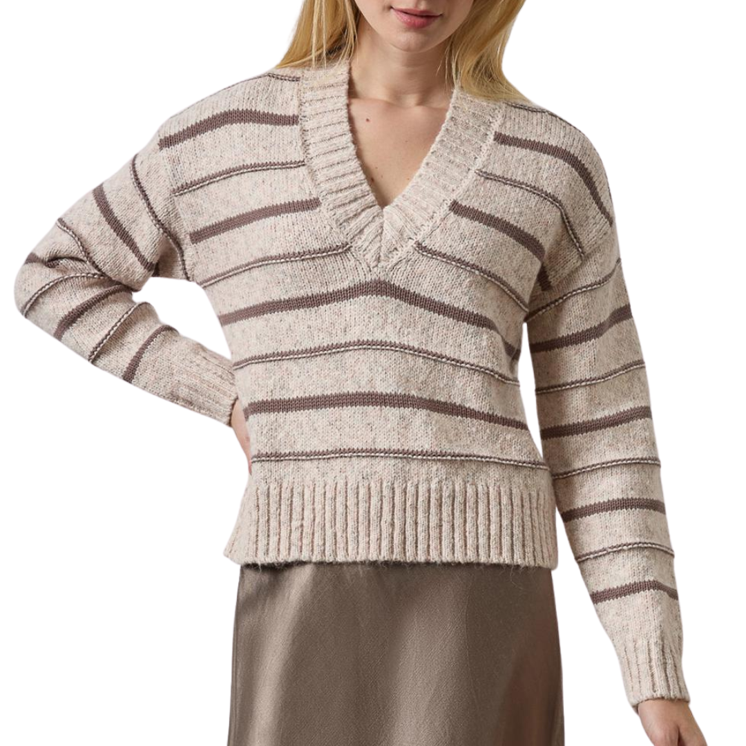 Multi Stripe V-Neck Sweater in Gardenia Stripe