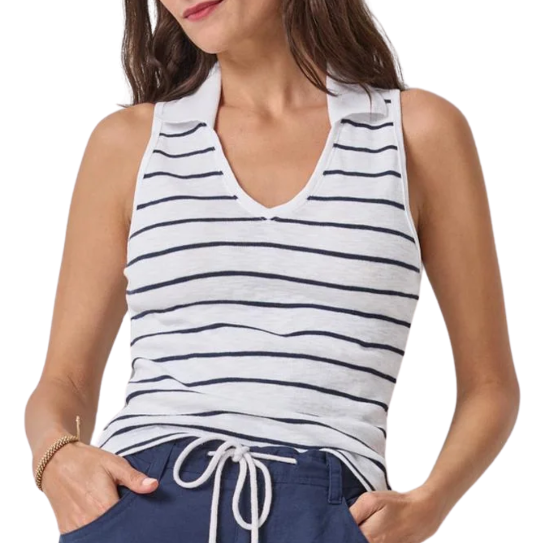 Striped Sleeveless Collared Top in Navy Stripe