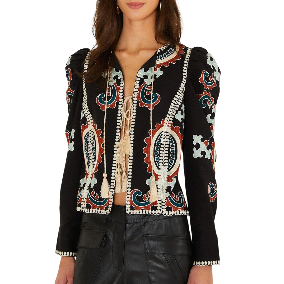 Fantasy Embroidered Long Sleeve Blouse in Black
