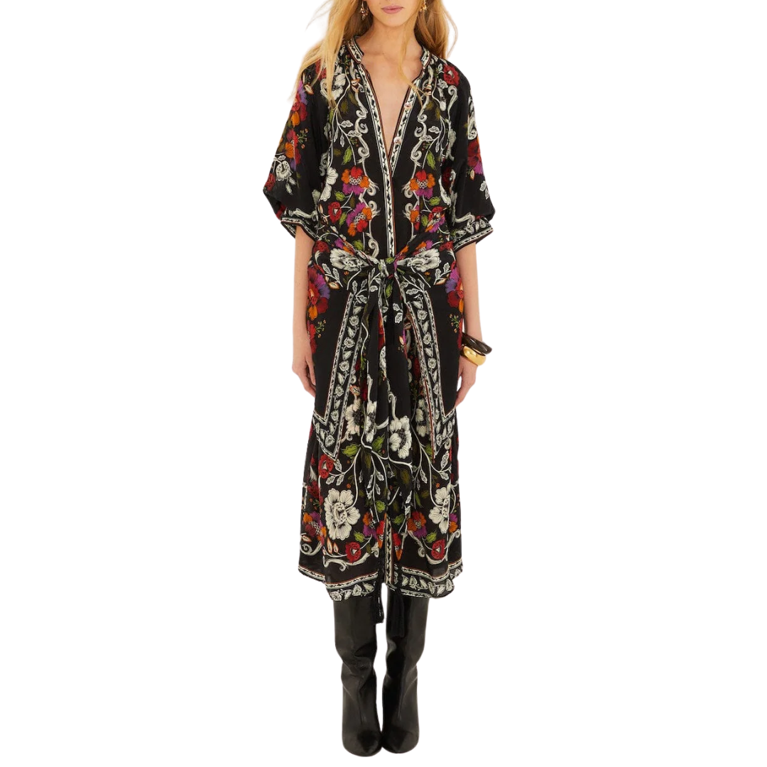 Belted Midi Dress in Black Rococo Flowers