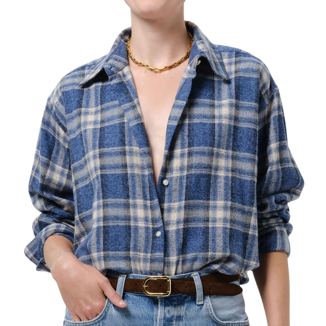 Ana Cropped Japanese Flannel Shirt in Marina Plaid