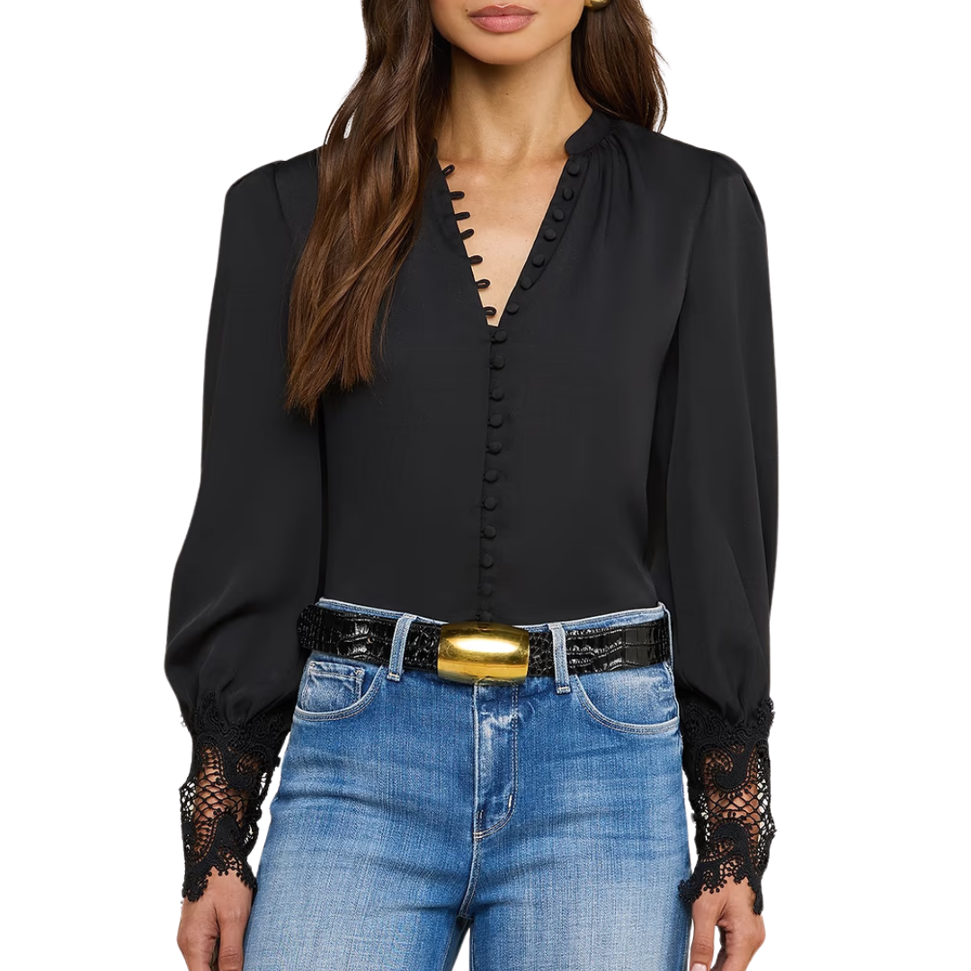 Ava Lace Cuff Blouse in Black