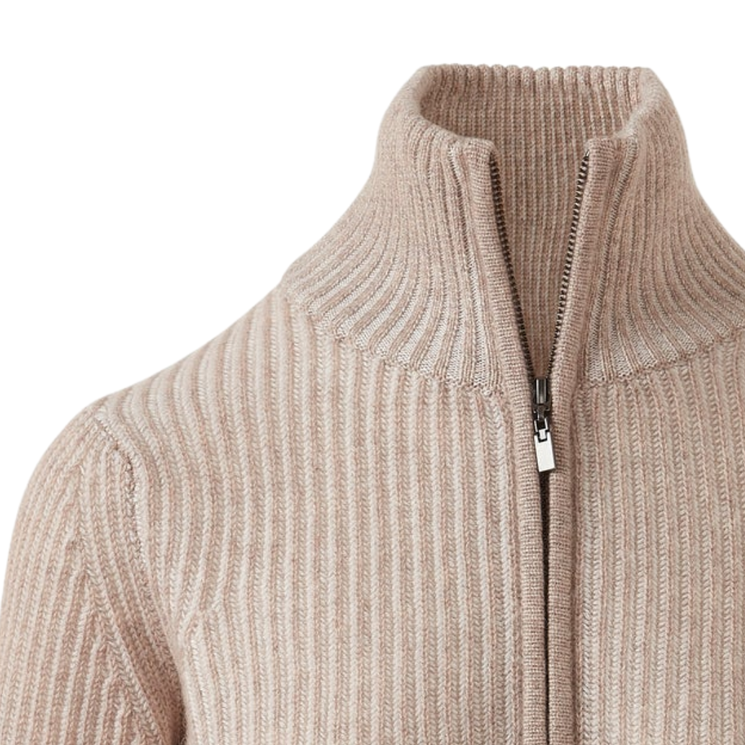 Plaited Rib Zip Mock in Taupe/Pearl