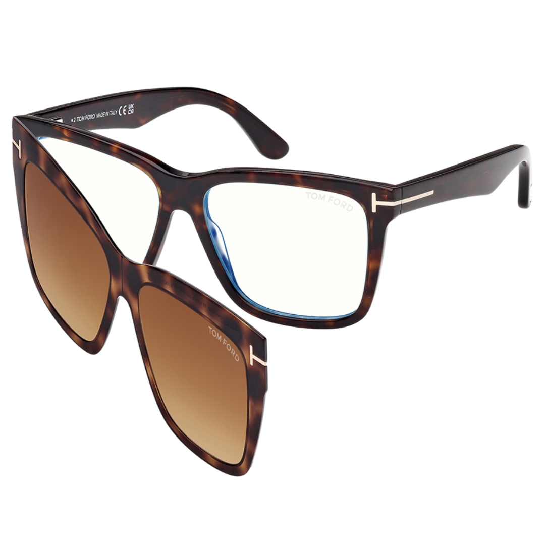 Blue Block Square Opticals With Clip On Sunglasses in Dark Havana