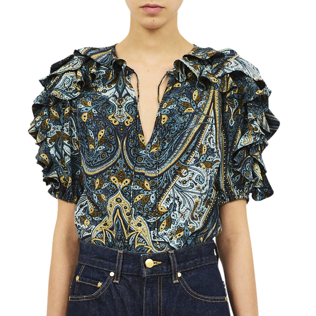Josephine Short Sleeve Silk Top in Prussian