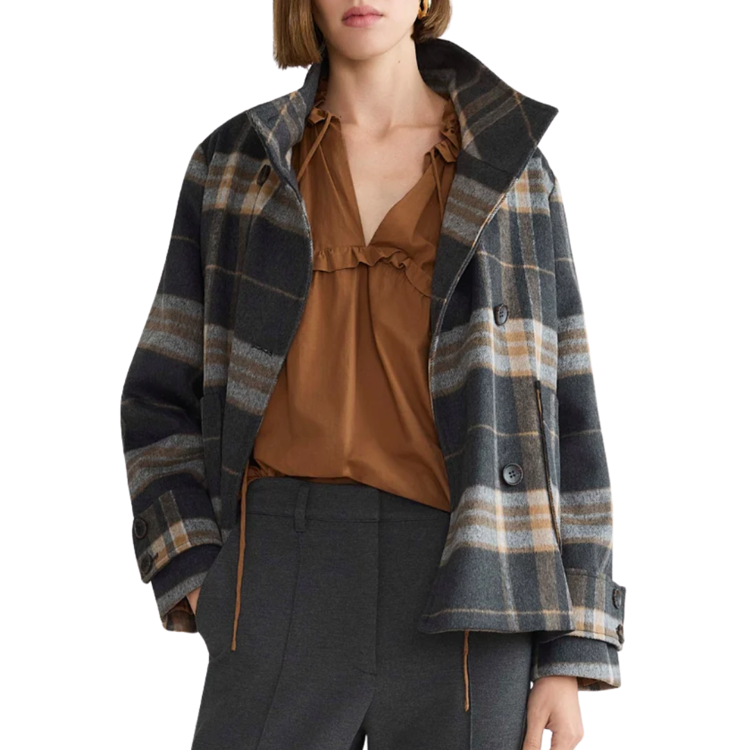 Dakota Double-Breasted Funnel Neck Short Jacket in Charcoal/Camel Plaid