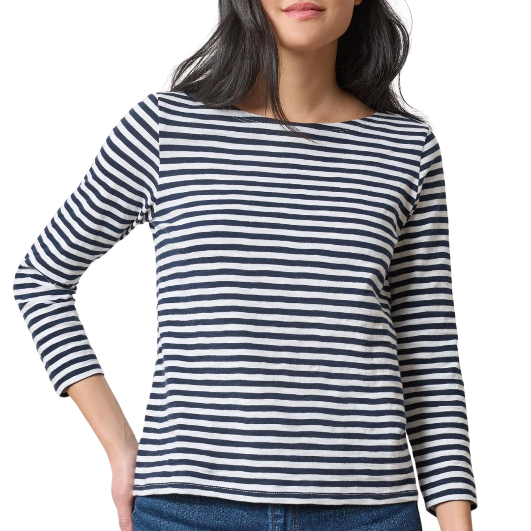 3/4 Sleeve Striped Boatneck in Navy Stripe