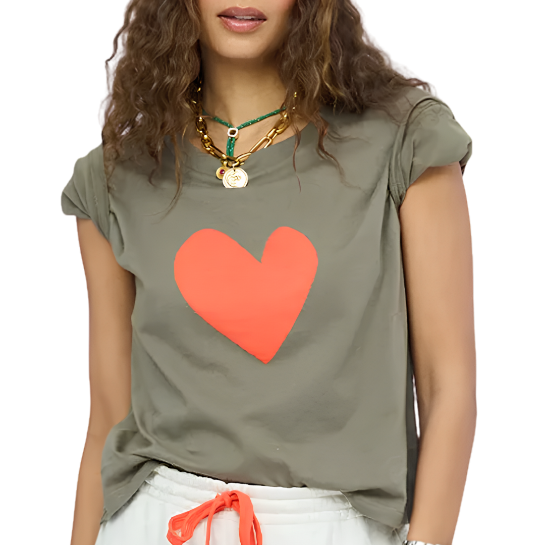 Suke Imperfect Heart Tee in Army Green/Tomato