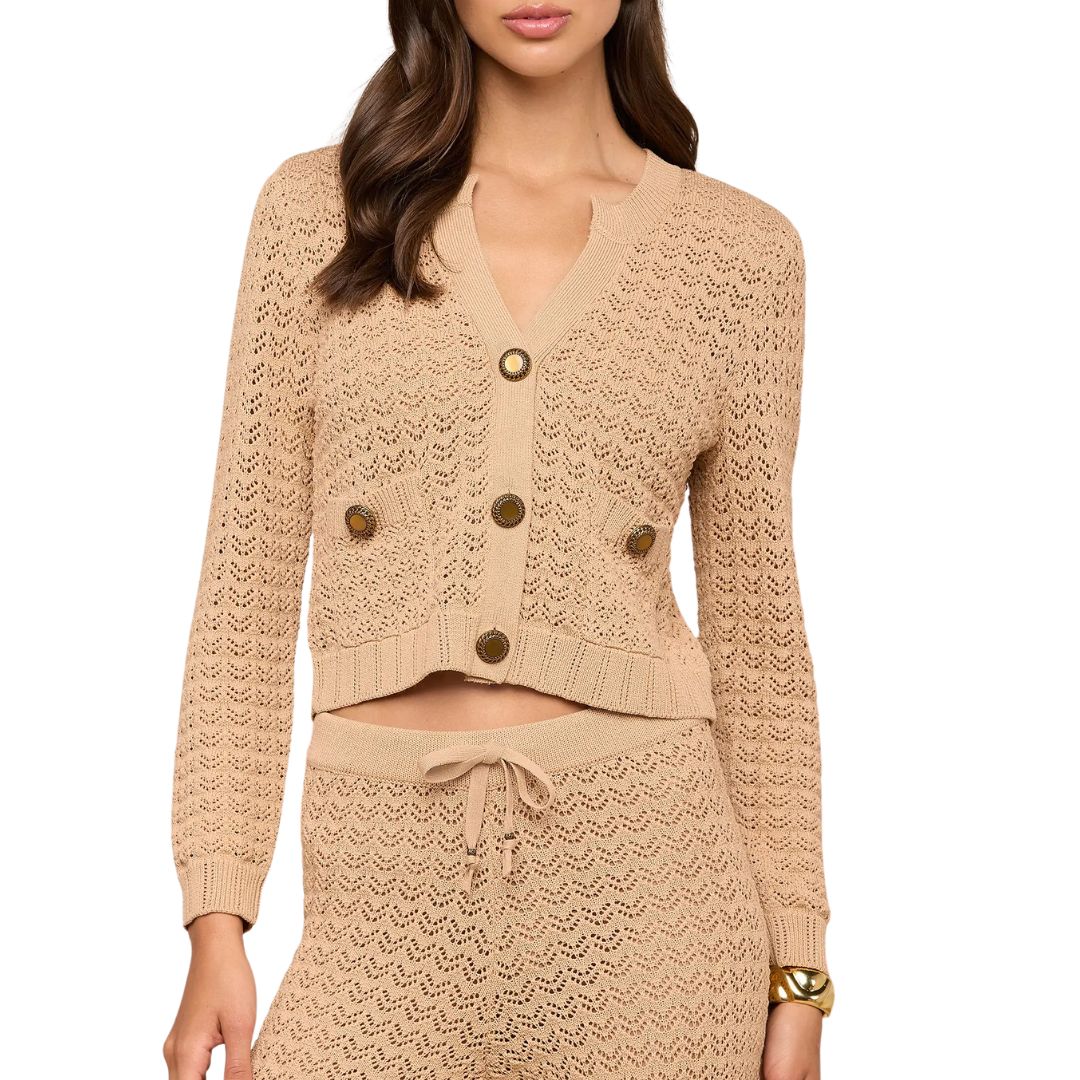 Orla Pointelle Knit Cardigan in Light Cappuccino/Gold