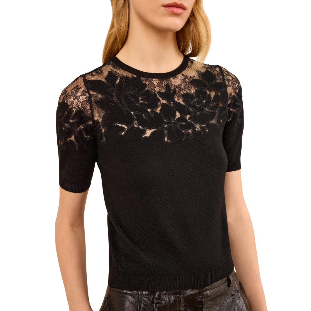 Ella Short Sleeve Lace Top in Noir