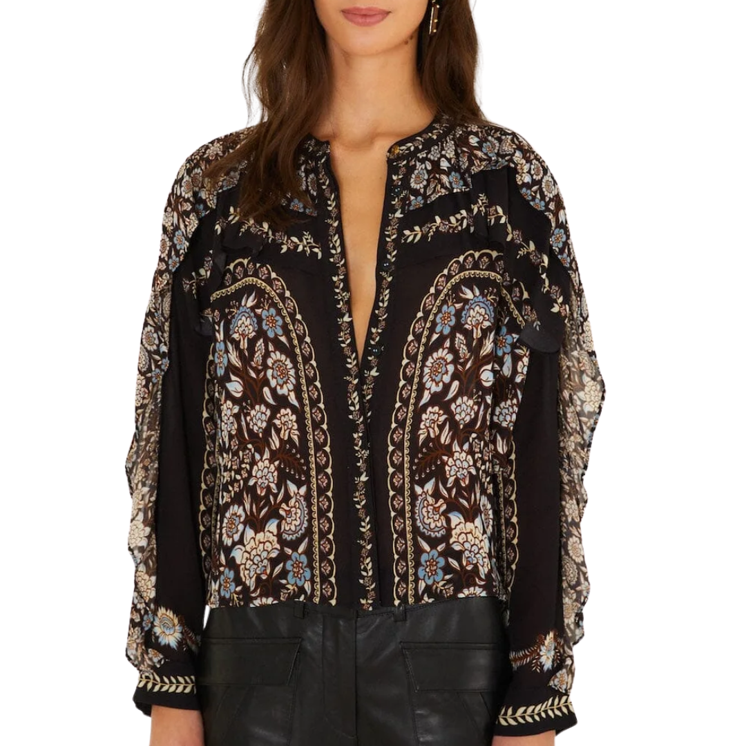 Long Sleeve Ruffled Blouse in Daniela Black