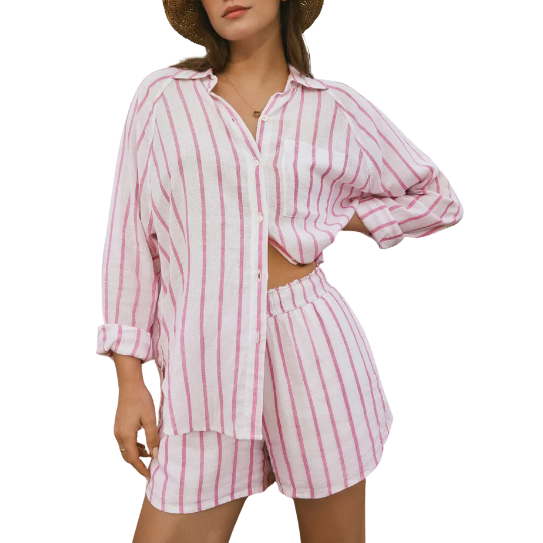 Perfect Linen Striped Top in Spanish Rose