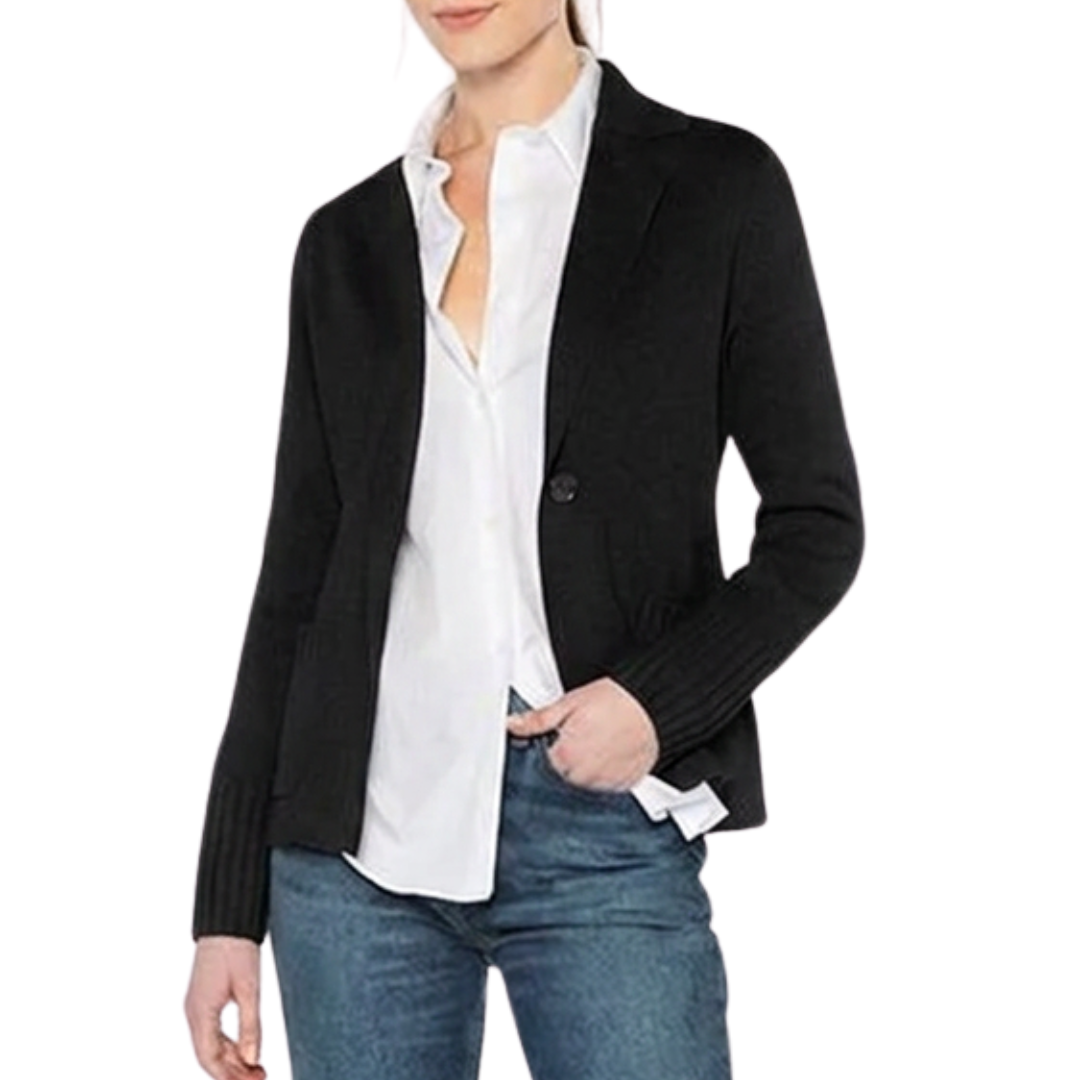 Rib Trim Notch Collar Cardigan in Black