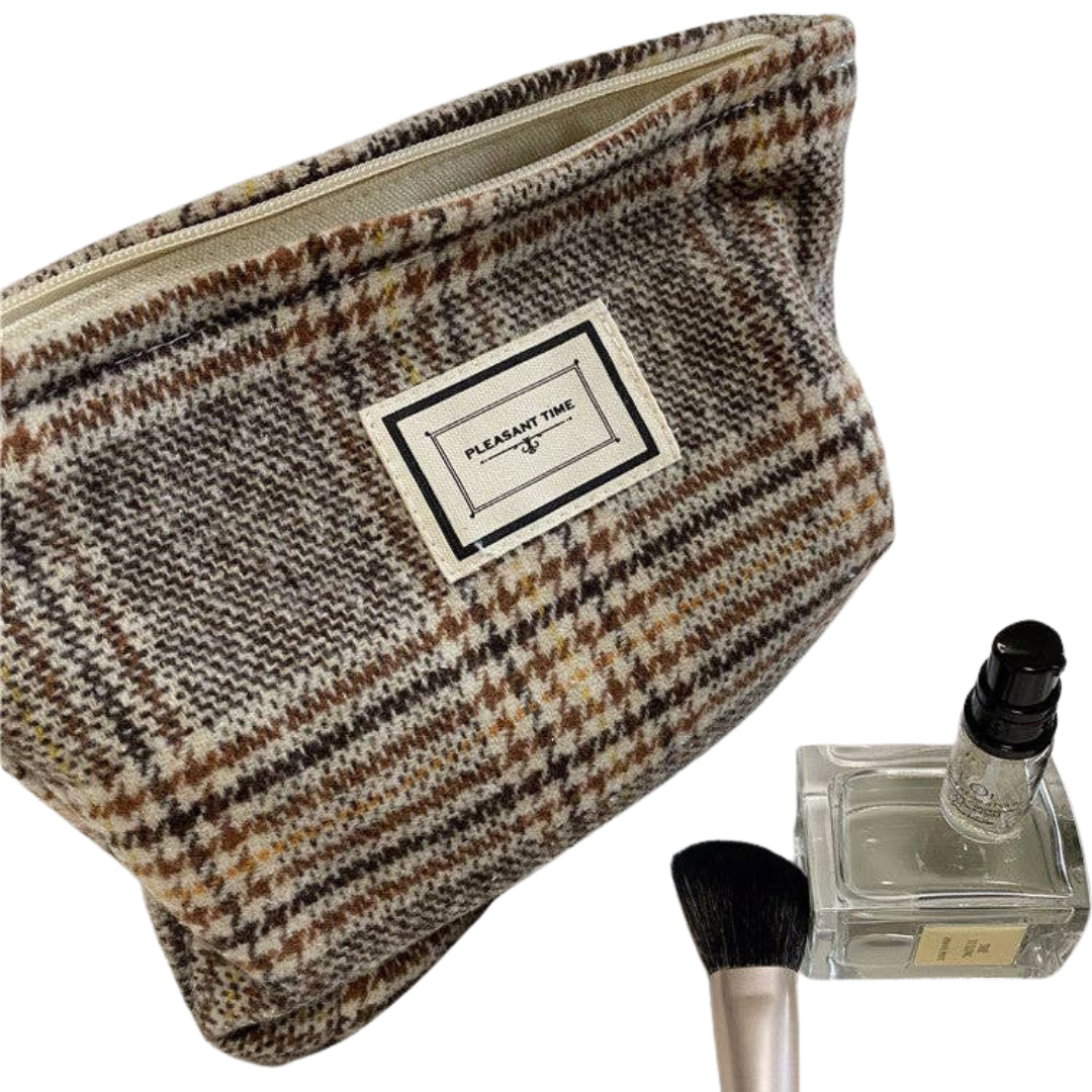 Plaid Color Block Large Make Up Bag in Multi Plaid
