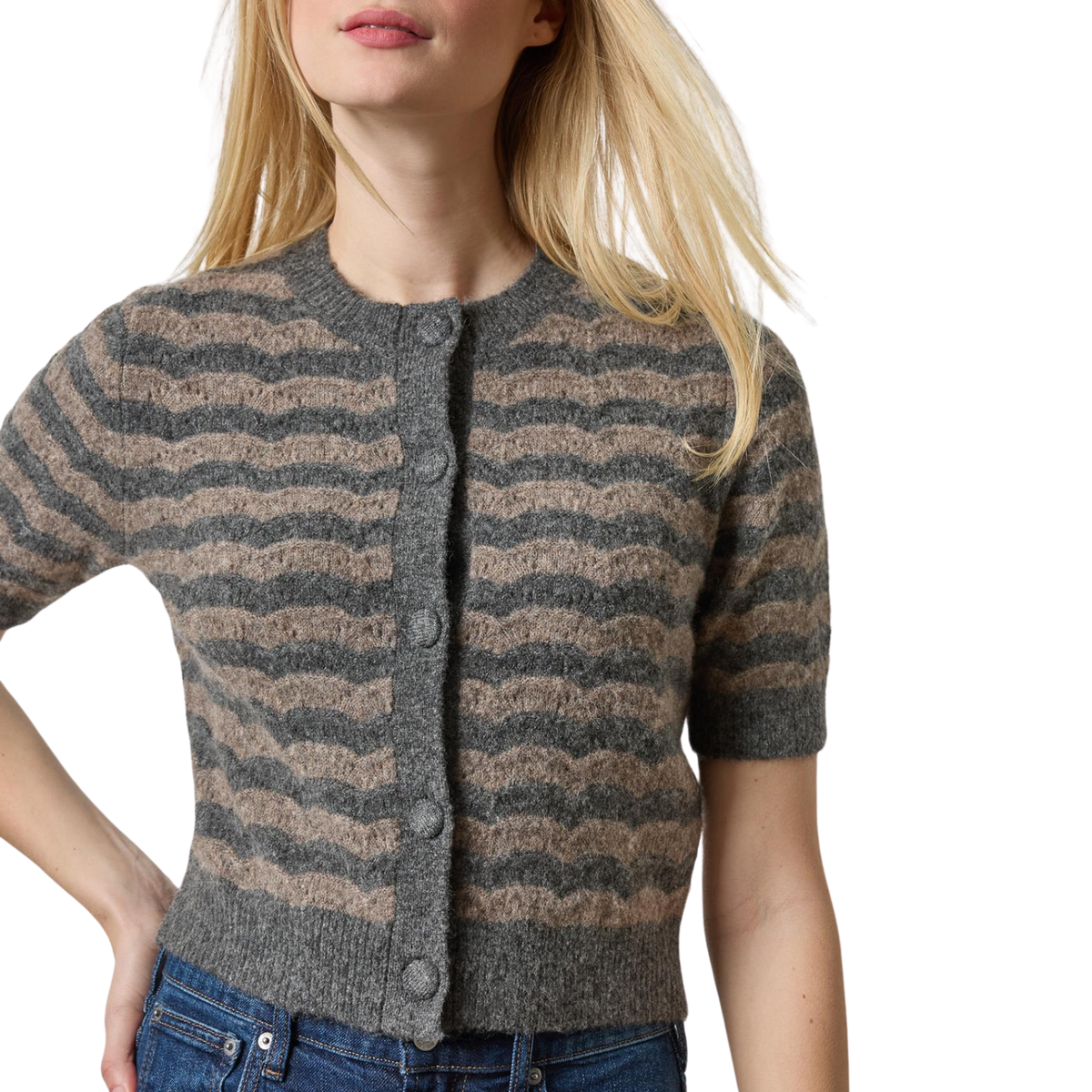 Short Sleeve Crewneck Cardigan in Graphite Stripe