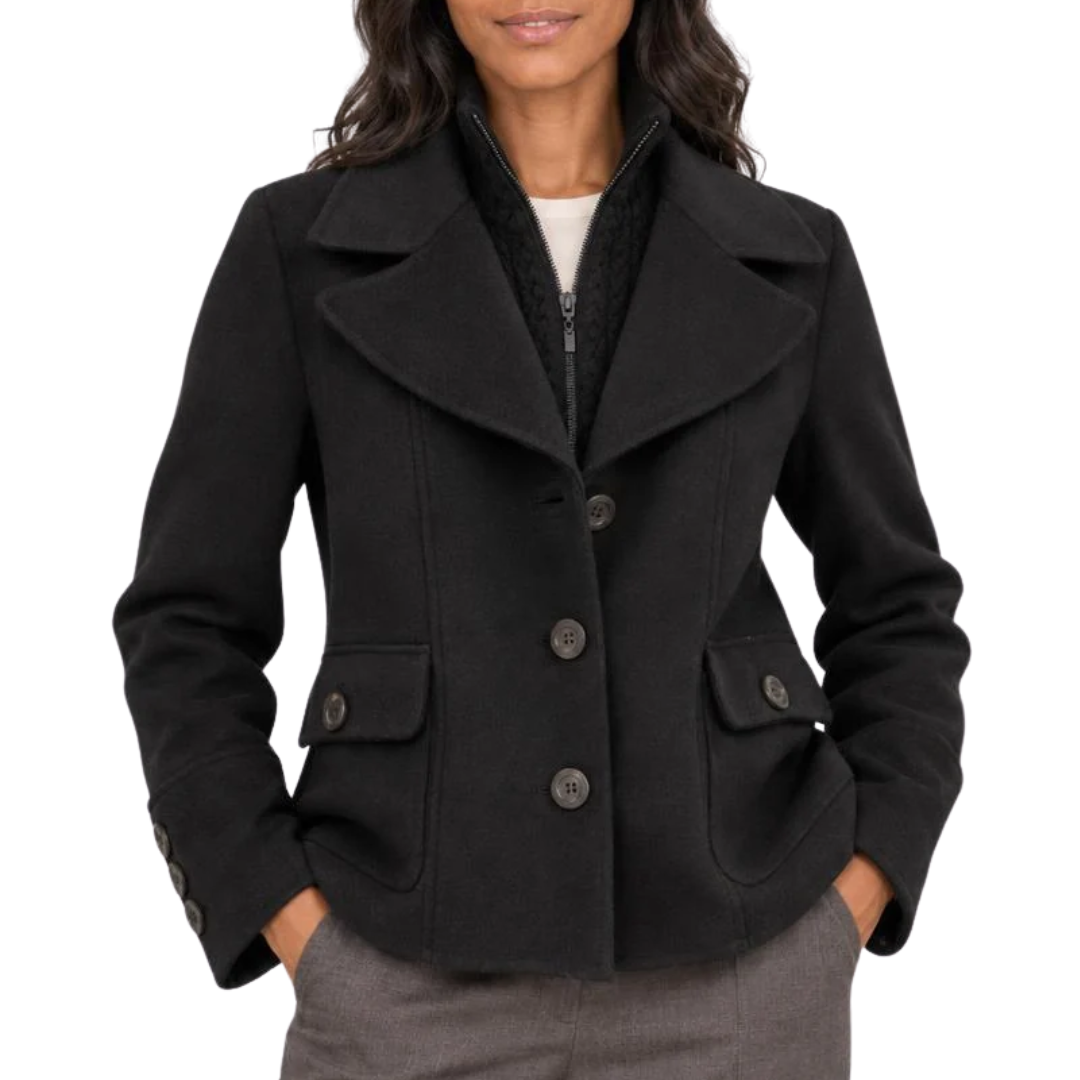 Cable Knit Insert Notch Collar Coat in Black
