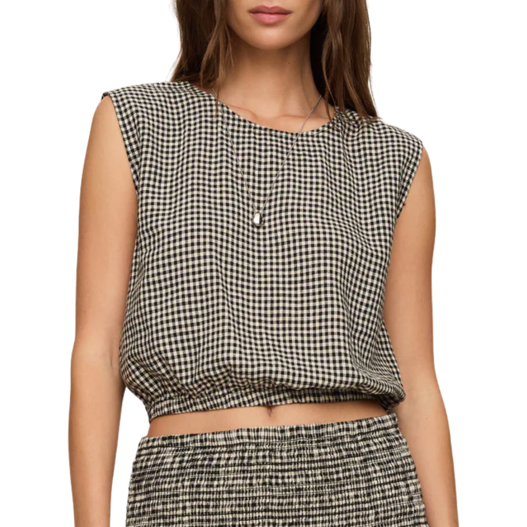Merit Cropped Gingham Linen Top in Black