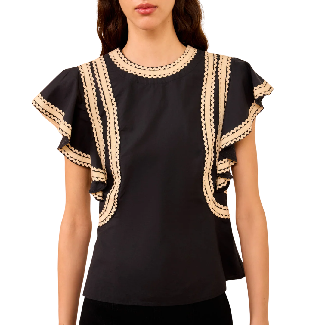Anora Flutter Sleeve Top in Noir