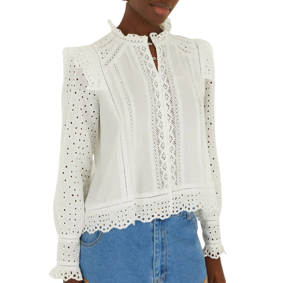Eyelet Long Sleeve Blouse in Off-White