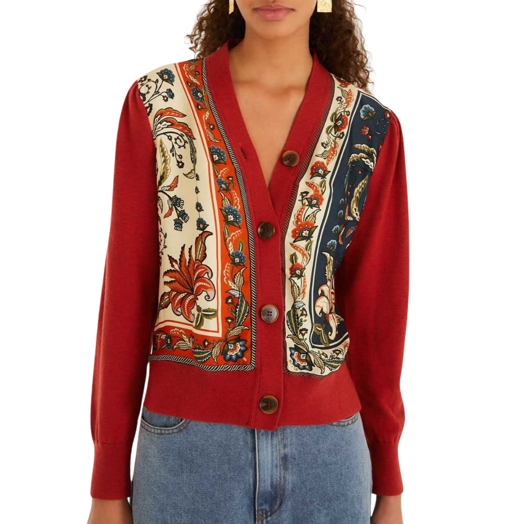 Ainika Garden Scarf Buttoned Knit Cardigan in Red