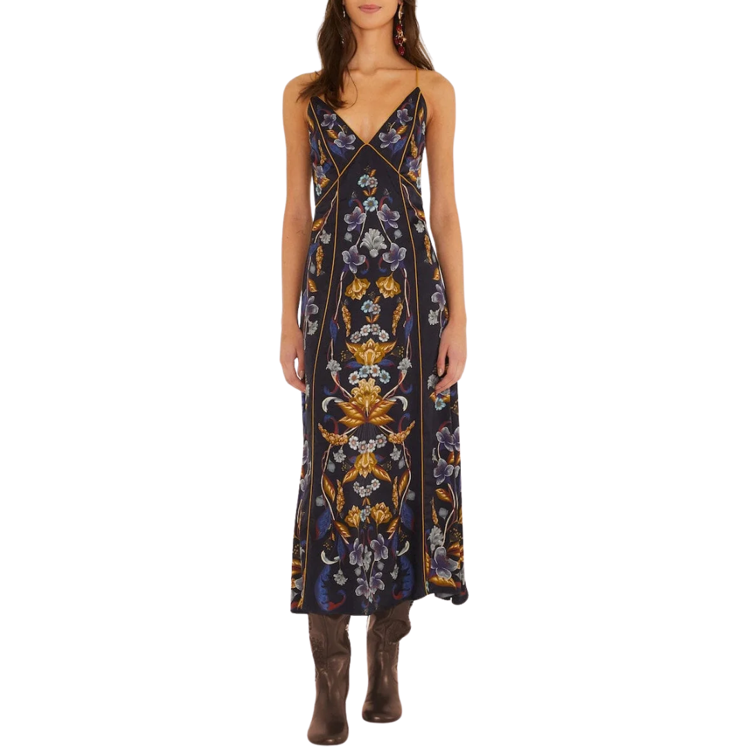 Golden Nature Maxi Slip Dress in Navy Blue