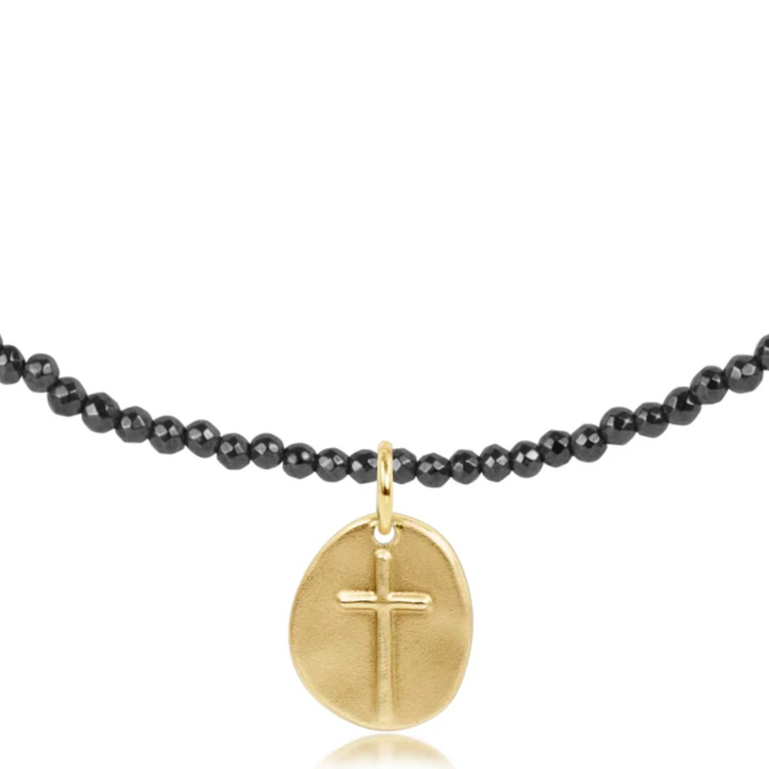 17" Choker Faceted Hematite 2mm- Inspire Small Gold Charm