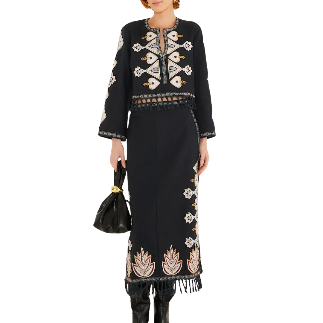 Embroidered Long Sleeve Fringe Crop Top in Bird Leaves