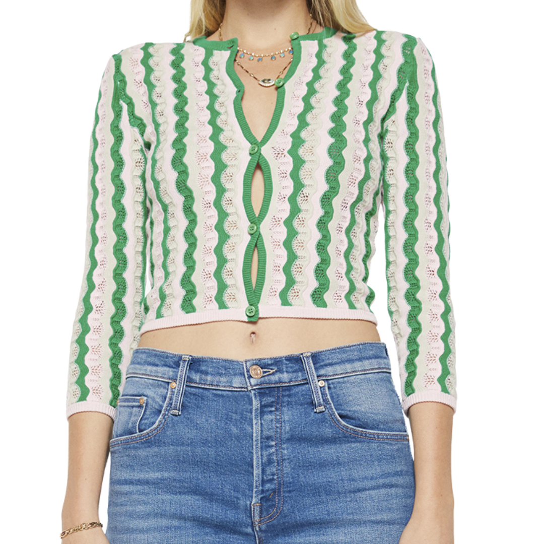 The Crew Neck Cardigan in Poi Green Pink Combo