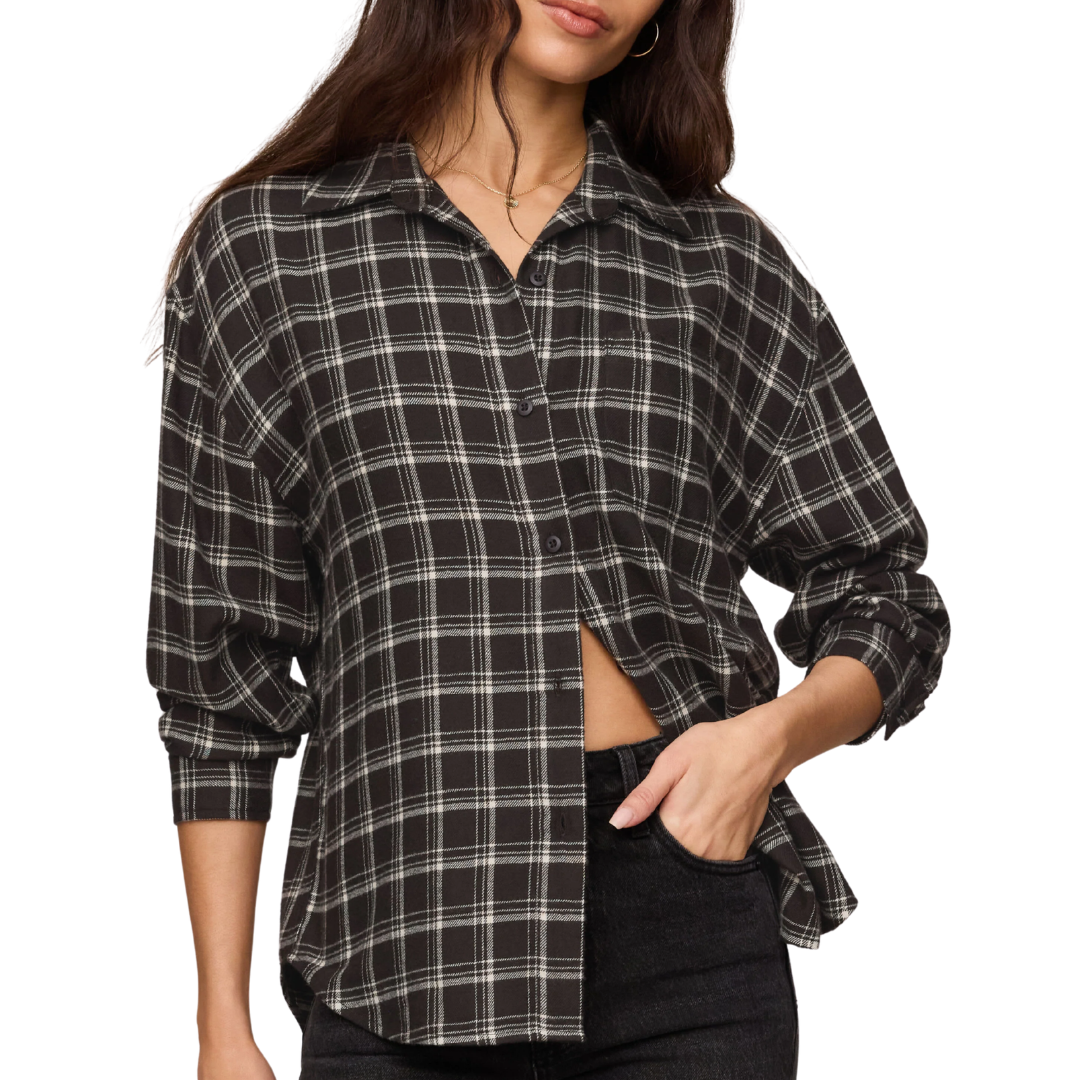 River Plaid Button Up in Ash Black