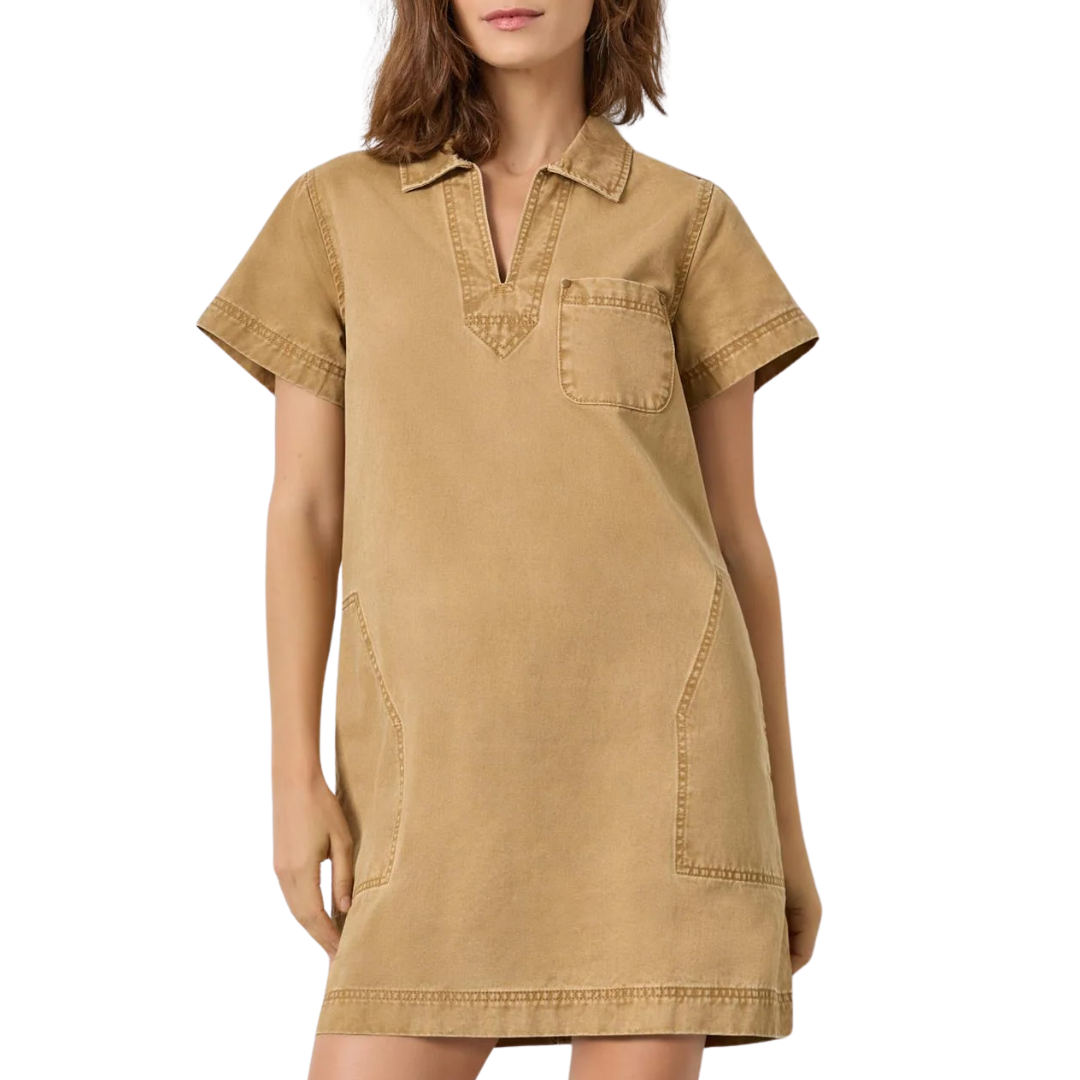 Twill Split Neck Collard Dress in Buckwheat