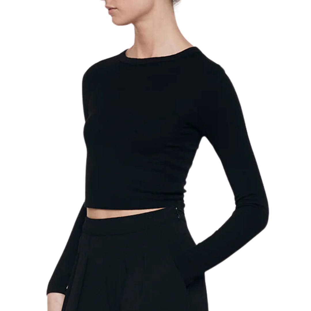 Silk Rib L/S Tuck Top in Black