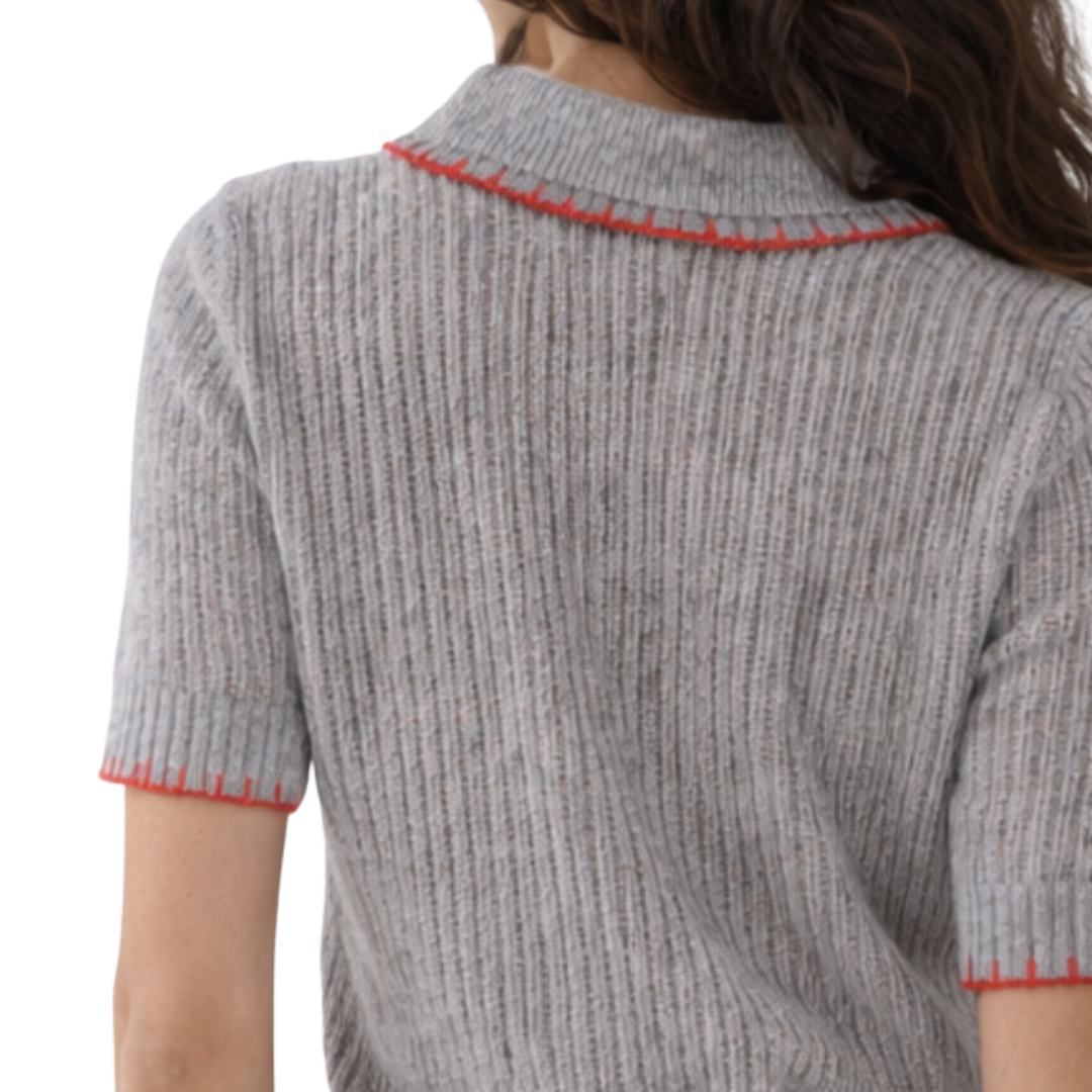 Ladder Stitch Polo With Blanket Stitch Detail in Sweatshirt/Red Pepper