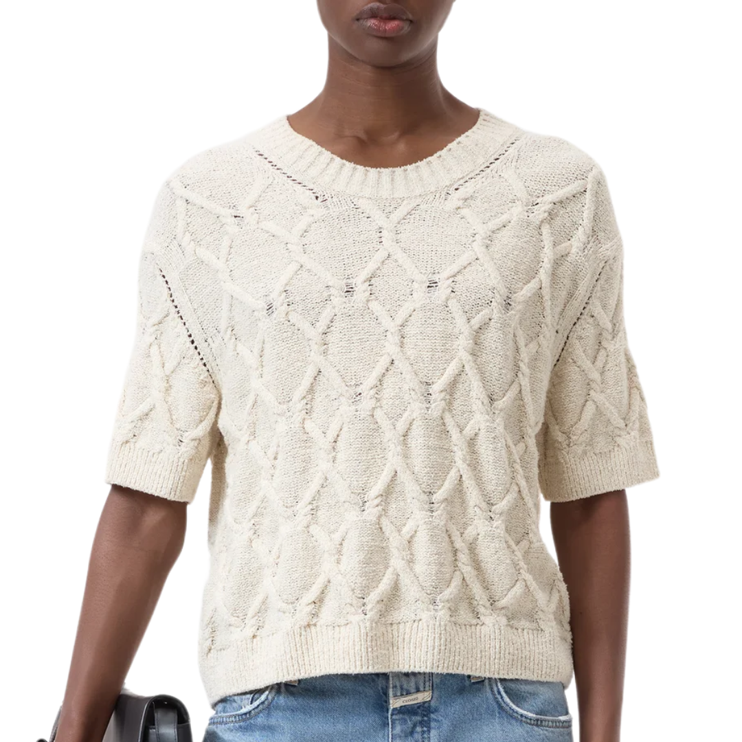 Short-Sleeved Knitted Jumper in Dune Beige