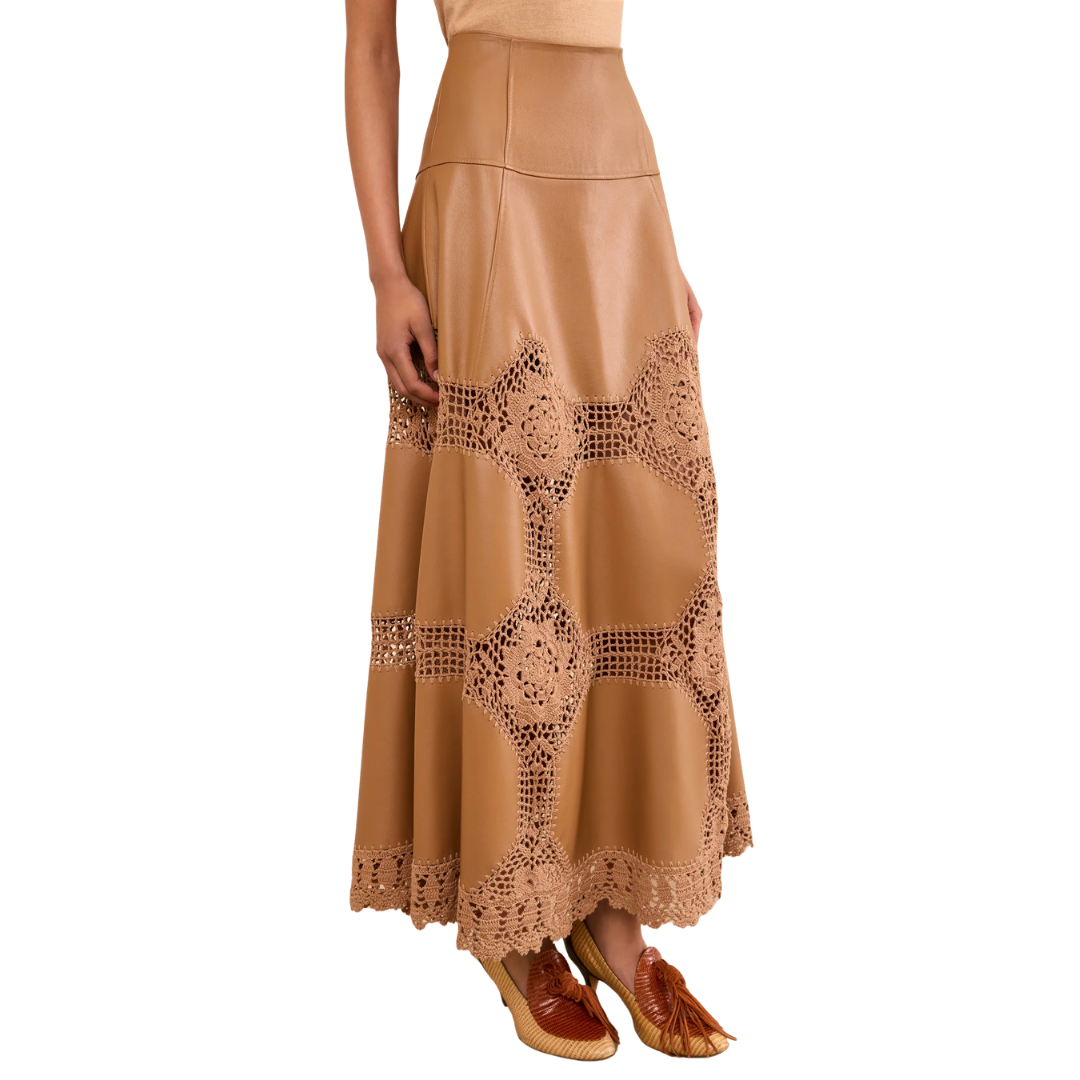 Izra Crochet & Leather Skirt in Camel
