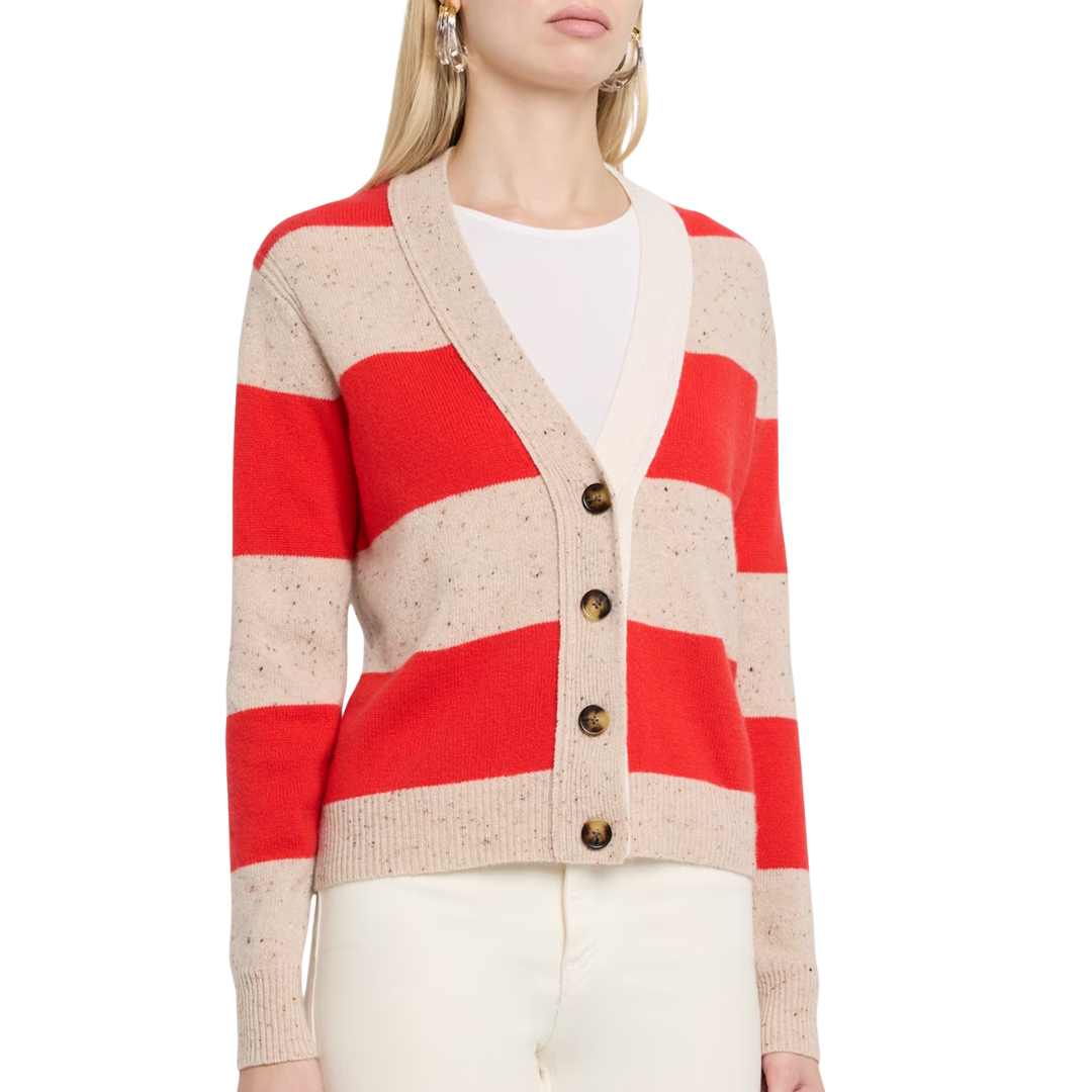 4-Ply Rugby Cardigan in Wild Rice/Redhot/Chalk Combo