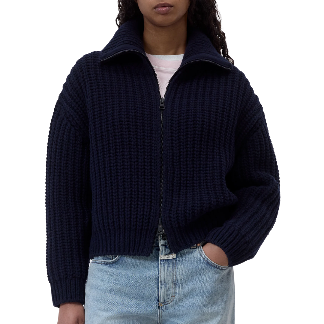 Wool Cardigan With Zip in Dark Night